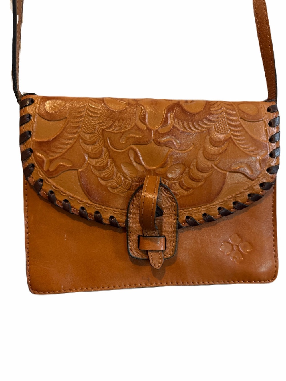 Patricia Nash Lanza tooled leather convertible crossbody bag in burnished cognac